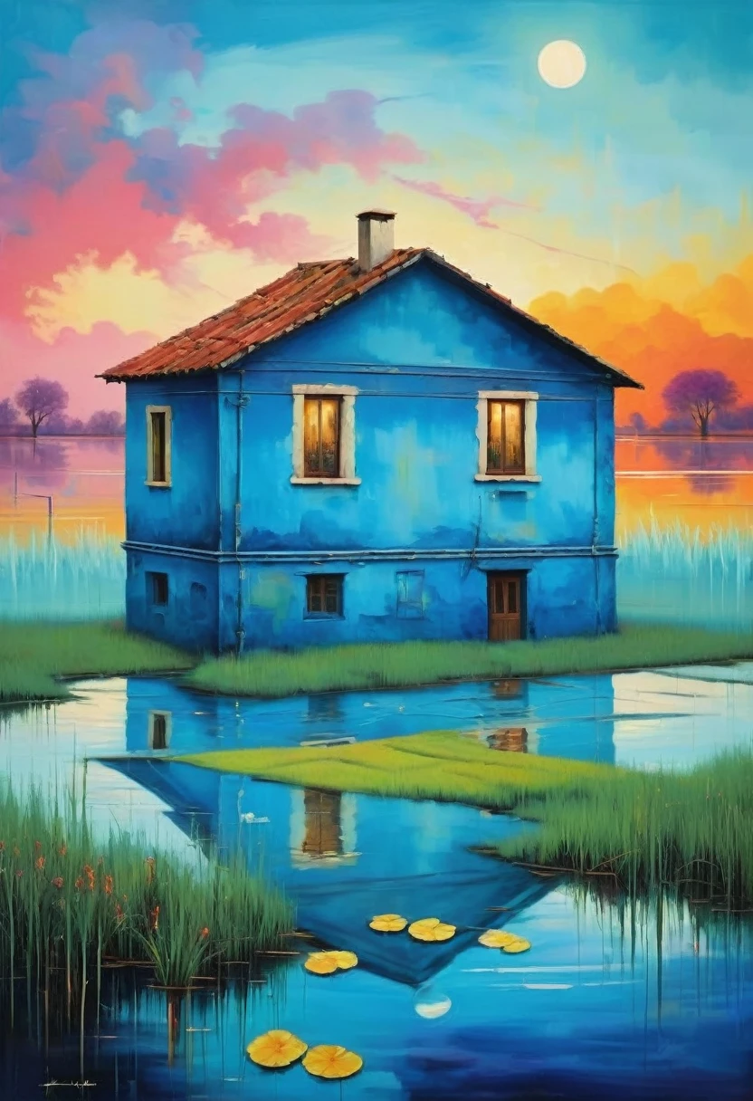 Flood House in the center of the field, everything is flooded with water all around in the style of primitivism. (David Martiashvili). Rich palette, special writing technique. Synthesis of primitive forms with the construction of painting techniques... aesthetics. colorful oil painting. Charm. Thematic Art of Life (Conceptual Art) (NFT Exclusive) (Fauve Artworks) Visual poetry transcends traditional boundaries and encounters the dynamic interplay of creativity and technology, Retro: 1.3, Earth Blue, Punk, Happy, Optimistic, Jerome Jerome Jerome, Gabriel Pacheco: 1.3 retro lighting, minimalism.
