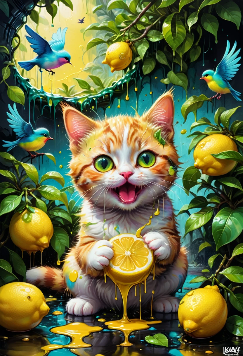 lemon eating challenge, Baby Cat eating a lemon with a kawaii face in a colorful jungle with tiny birds around him, graffiti art, splash art, street art, spray paint, oil gouache melting, acrylic, high contrast, colorful polychromatic, ultra detailed, ultra quality, CGSociety