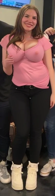 Arafed girl in pink shirts and black pants posing for a picture, large thighs, widest hips, skinny waist and thick hips, wide hips, 2  female model, smallest waistline ever, large hips, her hand is on her waist, insanely inflated hips, her belly is fat and round, she has a jiggly fat round belly, Big tits, o clothes, sexy, cute, wide h, thick thighs, pear-shaped body, minimal clothes, thick, bbw, chubby stomach, ck nipples, nipple piercinge areola,nipples, piercing througt, nipples haugh shirt, muscular, strong, thic minimal clothes, work out girl, low cut v neck shirt with cleavage