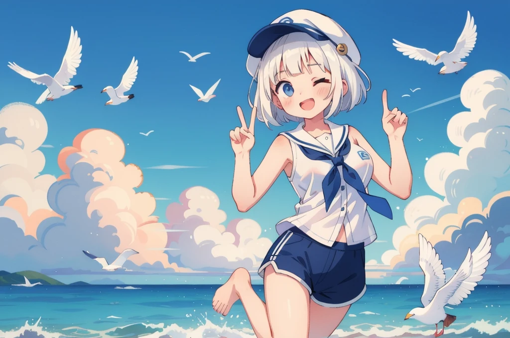 (masterpiece, best quality), intricate details, best quality,masterpiece,highres, female, 1 woman, Detailed woman with pale skin, bob-cut white hair, female, cute bob-cut hair, white hair, blue eyes, one piece marine outfit, white sports cap, white sleeveless button-up shirt, navy shorts, blue neckerchief, beautiful, large breasts, happy, playful, peace symbol with fingers, eye winking, one eye closed dynamic jumping, ocean, seagulls