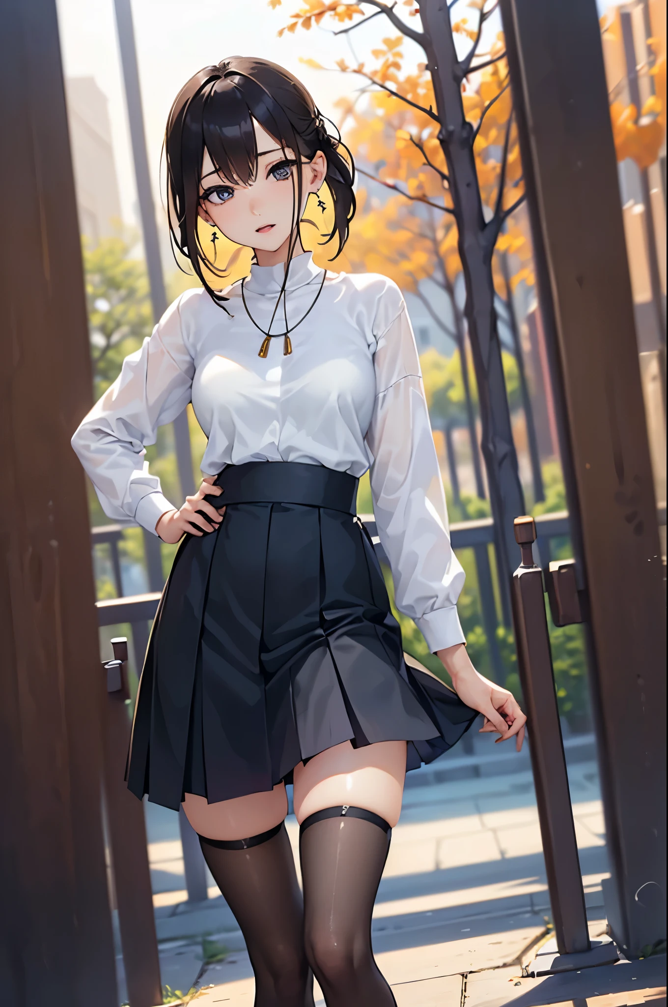 ((Biologically correct limb count))、(( From head to toe、Full-body photo including face))、4K、((Standing position))、masterpiece、((Focus on the face))、((Symmetrical facial features))、Eyes with detailed description、Beautiful woman、Excellent style、Beautiful arms、Beautiful feet、Beautiful Hands、(Small Ass、Thin thighs）、Detailed depiction of the face、Small earrings、necklace、(uniform、Skirt、High heels、stockings）、Face close-up、Surprise expression、The background is the park in the morning、Upper body close-up