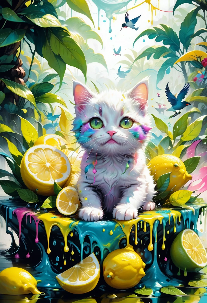 lemon eating challenge, Cat eating a lemon with a kawaii face in a colorful jungle with tiny birds around him, graffiti art, splash art, street art, spray paint, oil gouache melting, acrylic, high contrast, colorful polychromatic, ultra detailed, ultra quality, CGSociety