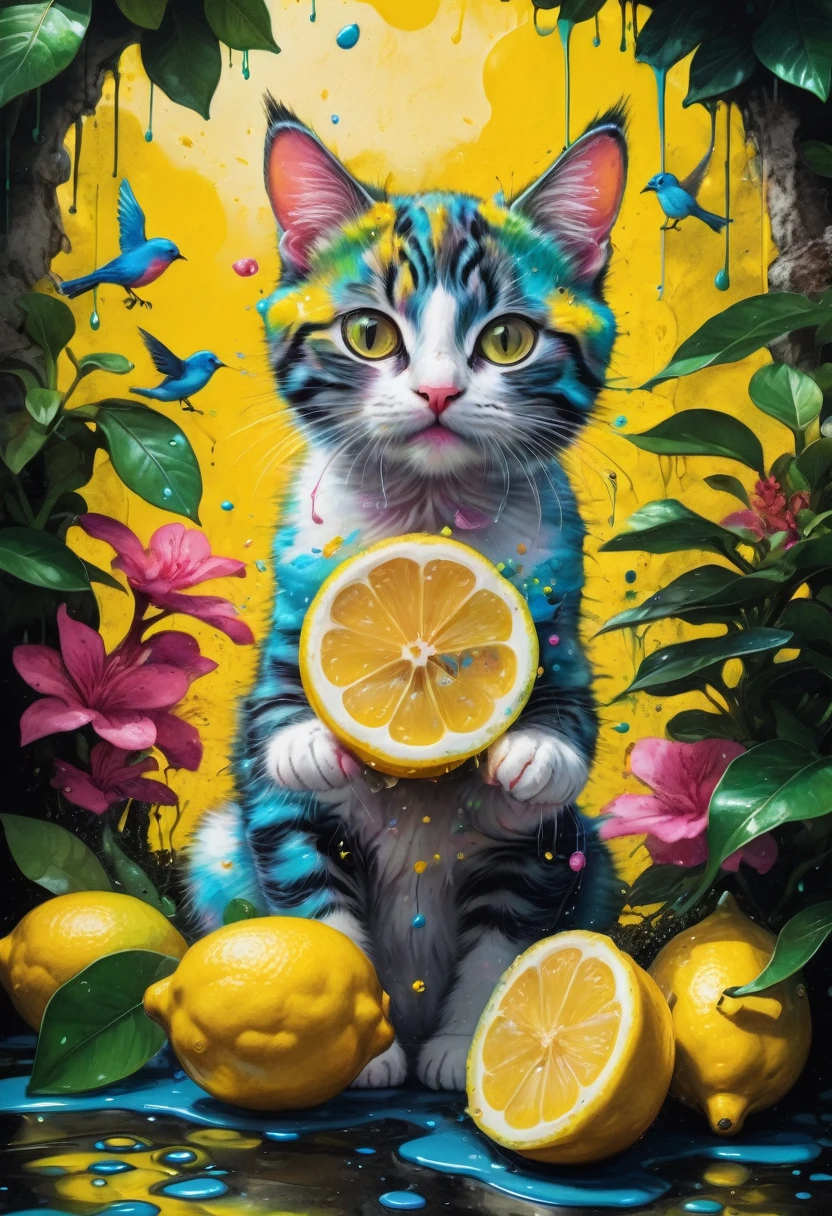 lemon eating challenge,  Cat eating a lemon with a kawaii face in a colorful jungle with tiny birds around him, graffiti art, splash art, street art, spray paint, oil gouache melting, acrylic, high contrast, colorful polychromatic, ultra detailed, ultra quality, CGSociety