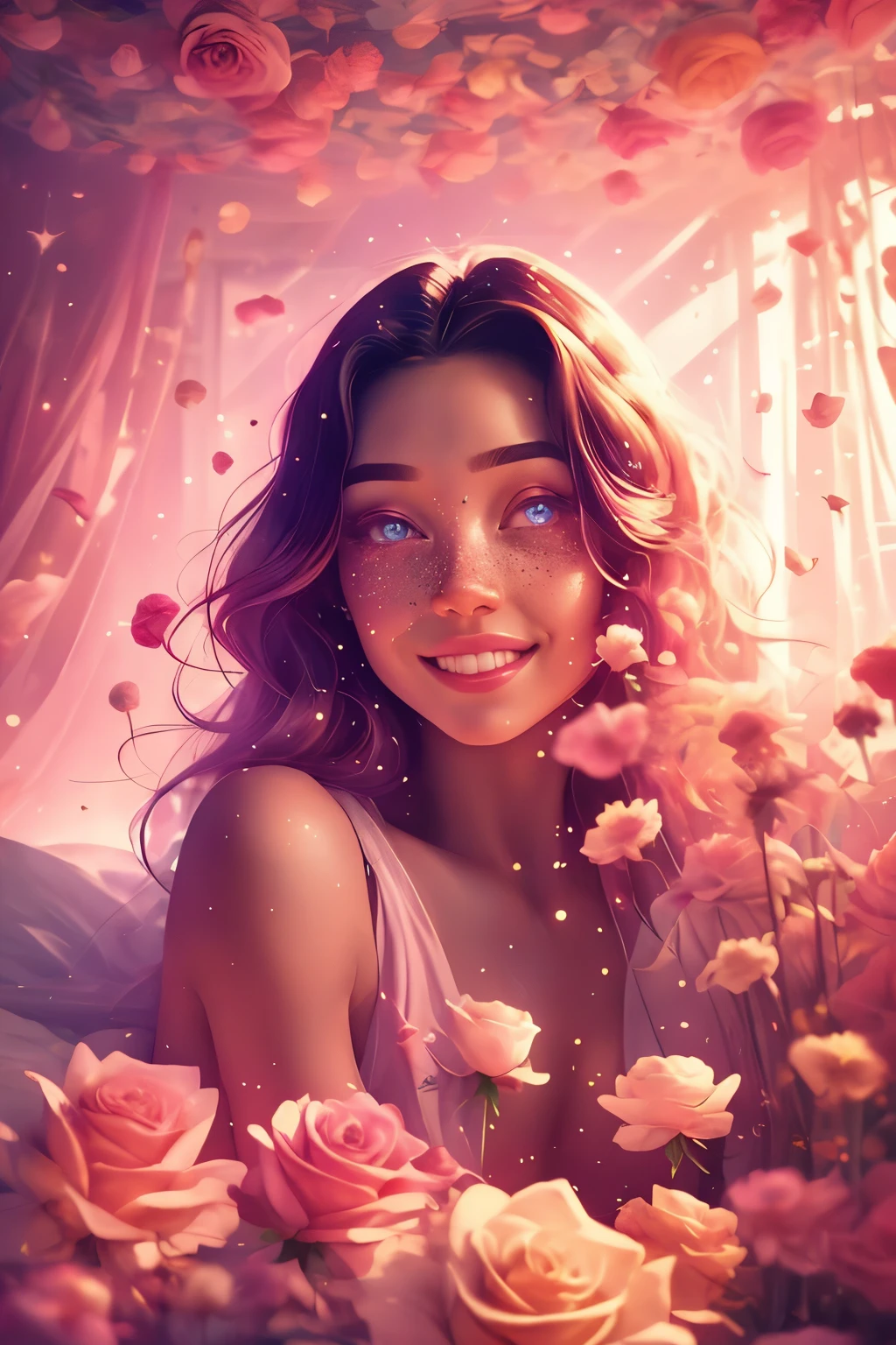 (This is a beautiful, intricate, (romatic) fantasy image that emphasizes beauty and grace.) Generate a blind curvy woman with soft natural freckles. Her face is important and should be (perfectly formed) with (beautiful puffy lips) and (perfect features). There is a cute freckle birthmark on her lip. The image exudes ethereal beauty and soft fantasy, with shimmering shades of pink throughout. Surround her with eternal roses in shimmering shades. Ensure perfection in her face, hair, and eyes. Include sweet and detailed birds and soft, luminous flowers and detailed roses. Utilize dynamic composition and dramatic lighting and cinematic lighting to create an interesting fantasy image. The background of the image is interesting and ultra-detailed, with soft fantasy lighting and gradients. Include fantasy details, cute aura, colorful, colourful, and interesting magical background. ((pretty room)), ((bed)), The image's background is decorated in shades of pink, shimmer, glitter, and fantasy details like colored bubbles and cosmos. Include subtle freckles, natural freckles and a diffused realistic skin tone. Incorporate elements of high fantasy, whimsy, and detailed elegance. English rose, princess, courtesan, noblewoman, sweet, lovely, calm, lovely, shimmering, glimmering, glittering, astrological fantasy, (((masterpiece))), (highest quality), magic rose, fantasy garden, beautiful face, perfect face, puffy lips, interesting, shy smile, fantasy elements, magic rose, beautiful eyes, perfect puffy lips, jewel tones, luminosity. Taken with a canon camera.