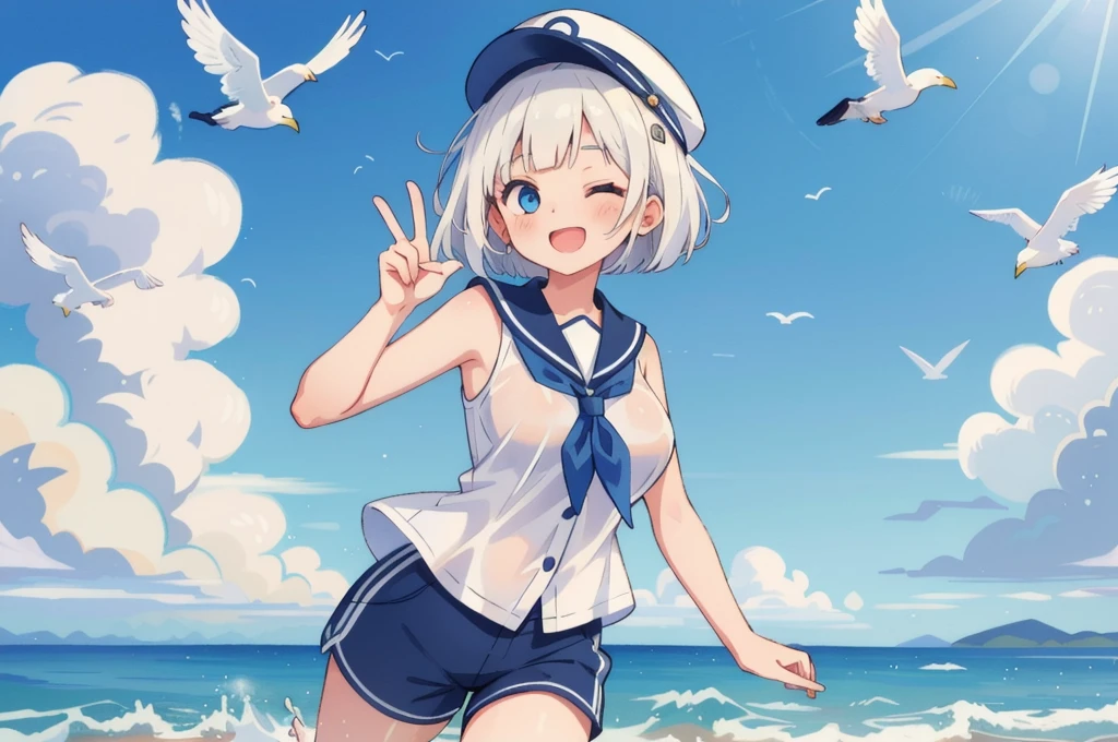 (masterpiece, best quality), intricate details, best quality,masterpiece,highres, female, 1 woman, Detailed woman with pale skin, bob-cut white hair, female, cute bob-cut hair, white hair, blue eyes, one piece marine outfit, white sports cap, white sleeveless button-up shirt, navy shorts, blue neckerchief, beautiful, large breasts, happy, playful, peace symbol with fingers, eye winking, one eye closed dynamic jumping, ocean, seagulls