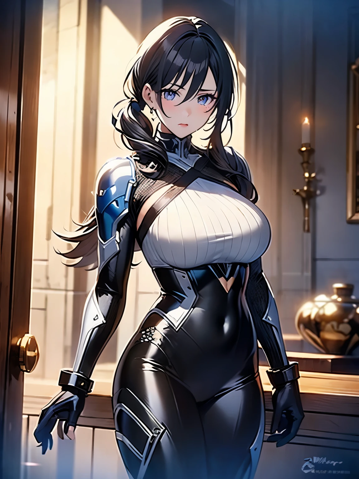 beautiful, alone, 1 chubby woman with 5 pair of greater black archangel wings, long hair tied in a ponytail, black hair, blue highlights at the ends of her hair, silver eyes (detailed eyes), determined look, embarrassed expression, red lips (perfect lips), wide hips, potato thick leg, black leather jumpsuit, pleated skirt,long fur jacket, futuristic, cyberpunk, cinematic angle, cinematic lighting, artwork, best quality, nsfw,