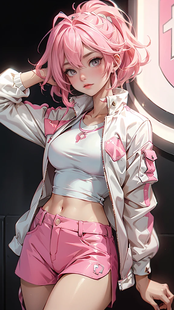 .A pink-haired woman in a white jacket with pink accents and a large white top.