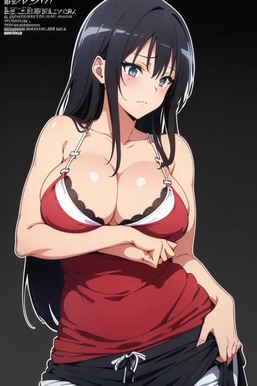 (masutepiece, Best Quality, High resolution, anime colours, megami magazine:1.2, anime poster style, anime keyvisual, sharp, 8k, photorealistic), (beautiful eyes:1.5, beautiful face), Kotegawa Yui, 1girl, solo, Cute, (Long Black Hair), (sagging large breasts:1.8), (loose camisole, no bra), (cleavage:1.5), (cowboy shot), (Perfect detailed Anatomy, beautiful detailed hair, perfect detailed body:1.2, shiny skin), (thick outline, Beautiful outlines, black outlines), simple background,