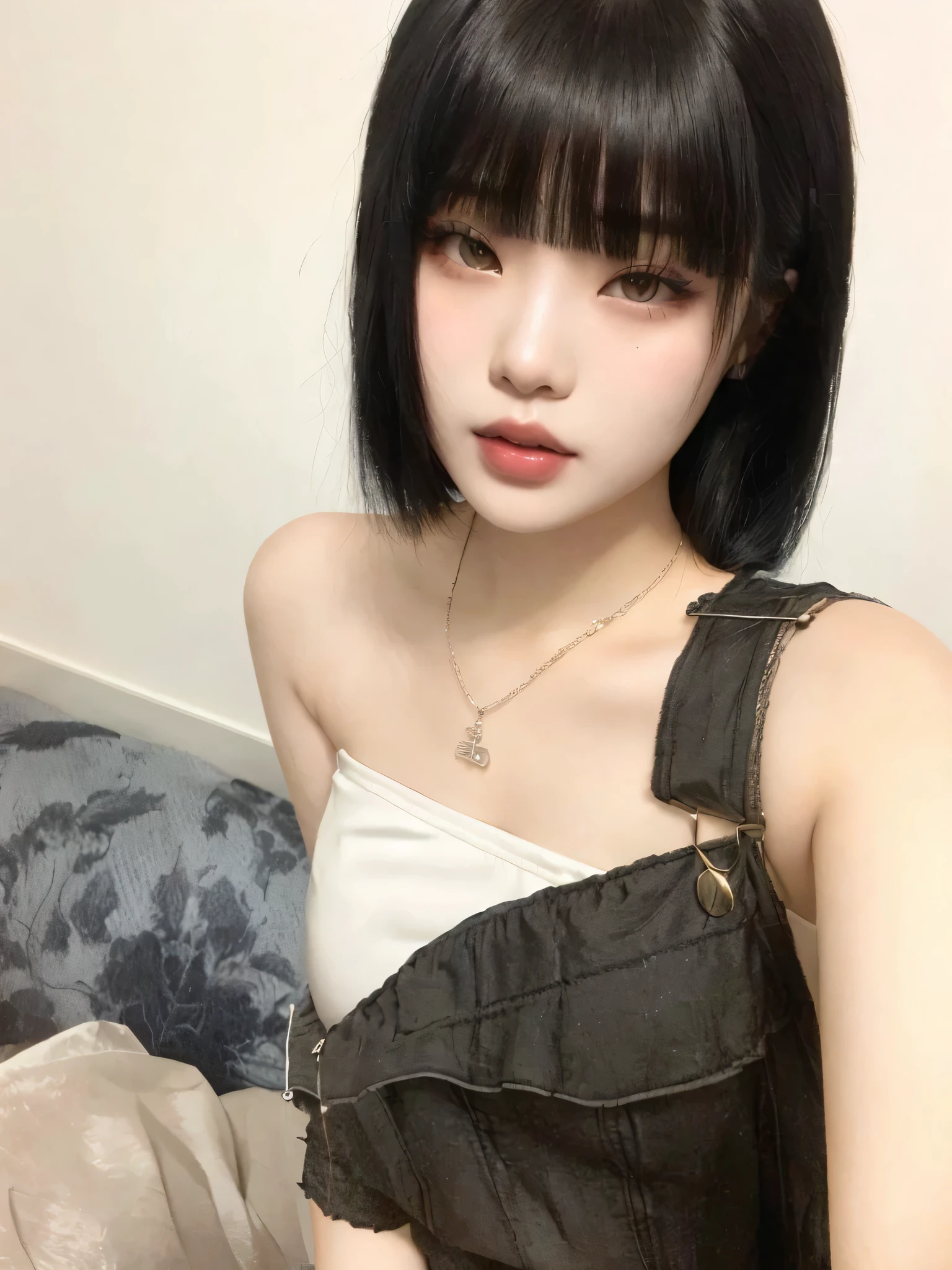 best quality, master part, ultra high-resolution, (fotorrealista:1.4), Foto RAW, 1girl, Inside the café, Olhando para o Viewer, Cabelos Longos, pale skin, meio corpo, nariz fino pequeno