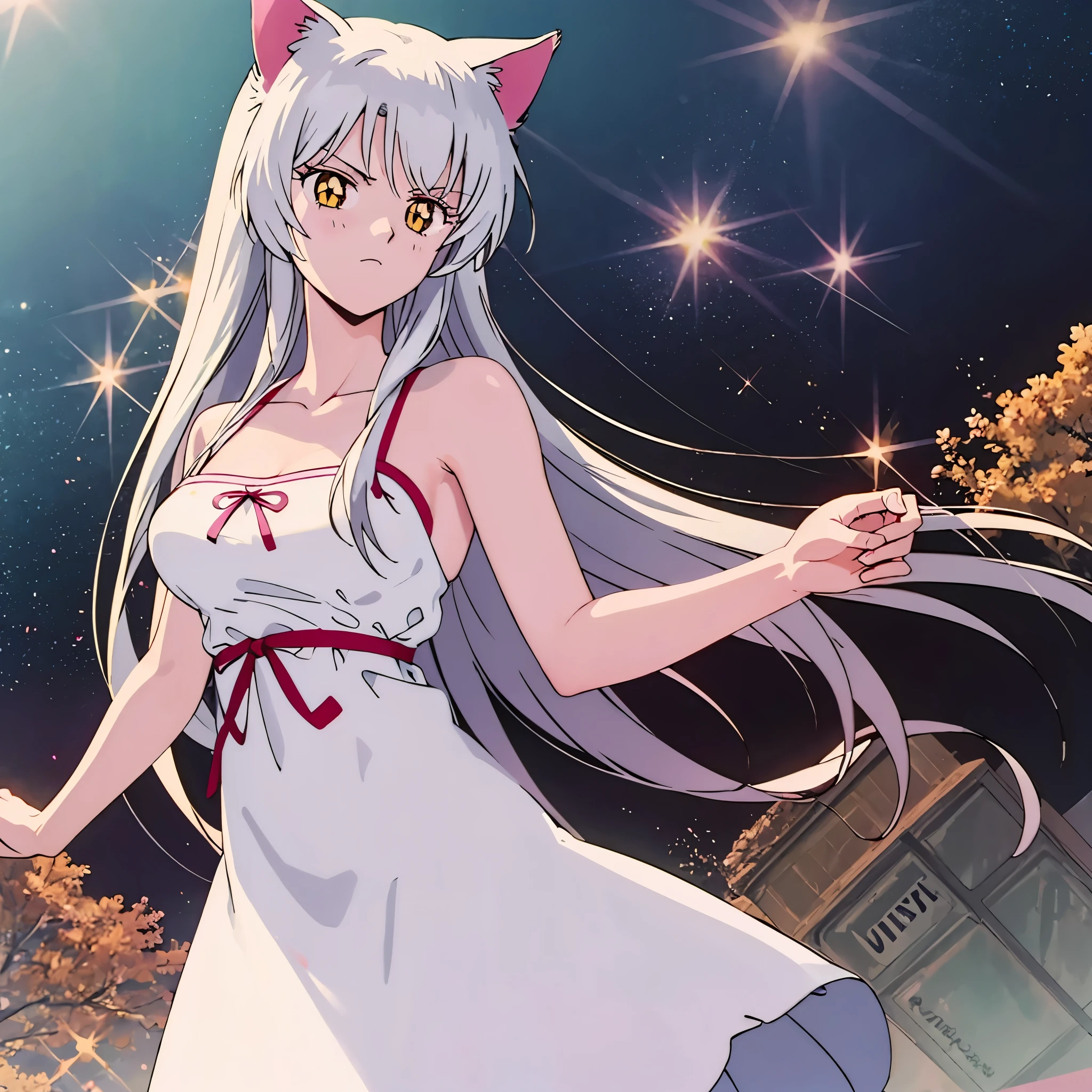 Masterpiece, solo, 1girl, upper body, blkhanekawa, cat ears, slit pupils, very long hair, white dress, red ribbon