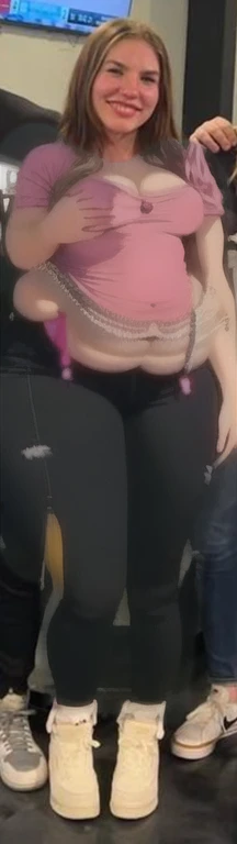 Arafed girl in pink bra and black underwear posing for a picture, large thighs, widest hips, skinny waist and thick hips, wide hips, 2 4 old female model, smallest waistline ever, large hips, her hand is on her waist, insanely inflated hips, her belly is fat and round, she has a jiggly fat round belly, Big , huge , no clothes, sexy, cute, wide hips, thick thighs, pear-shaped body, minimal clothes, thick, bbw, chubby stomach, thick nipples, nipple piercings, large areola, hard nipples, piercing through shirt, nipples hard through shirt, muscular, strong, thick hips, minimal clothes, work out girl, low cut v neck shirt with cleavage, fat chubby stomach, bikini, fat round stomach