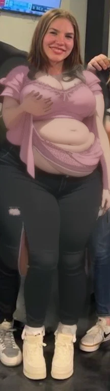 Arafed girl in pink bra and black underwear posing for a picture, large thighs, widest hips, skinny waist and thick hips, wide hips, 2 4 old female model, smallest waistline ever, large hips, her hand is on her waist, insanely inflated hips, her belly is fat and round, she has a jiggly fat round belly, Big , huge , no clothes, sexy, cute, wide hips, thick thighs, pear-shaped body, minimal clothes, thick, bbw, chubby stomach, thick nipples, nipple piercings, large areola, hard nipples, piercing through shirt, nipples hard through shirt, muscular, strong, thick hips, minimal clothes, work out girl, low cut v neck shirt with cleavage, fat chubby stomach, bikini, fat round stomach