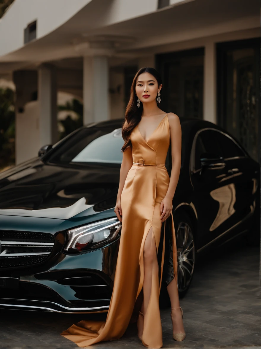 full body shot, professional photoshoot of a very beautiful young slender Asian woman in an elegant business dress near expensive Mercedes car and villa looking into the camera --ar 9:16 --s 750 --v 6.0