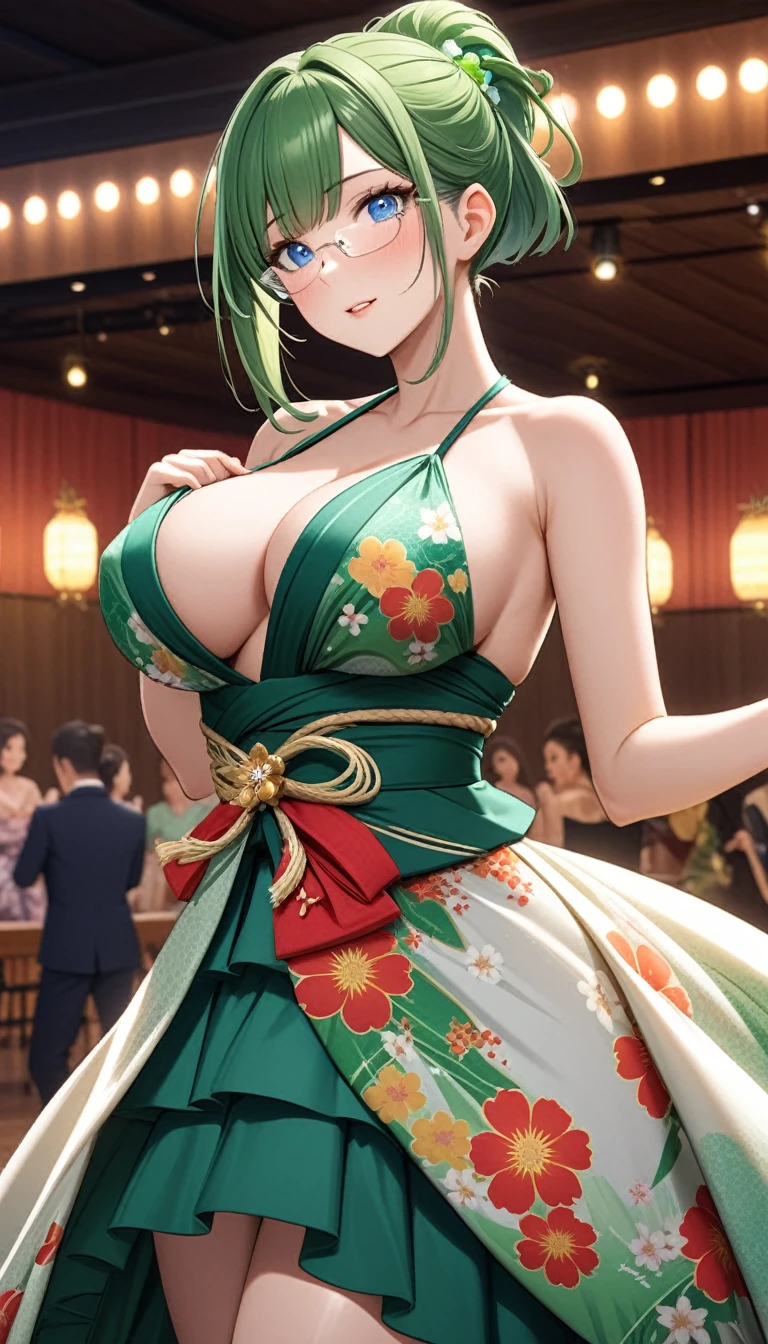1girl,green hair,short ponytail,rimless eyewear,blue eyes,large breasts,fusion of floral print kimono and ball gown,dance hall,cowboy shot,