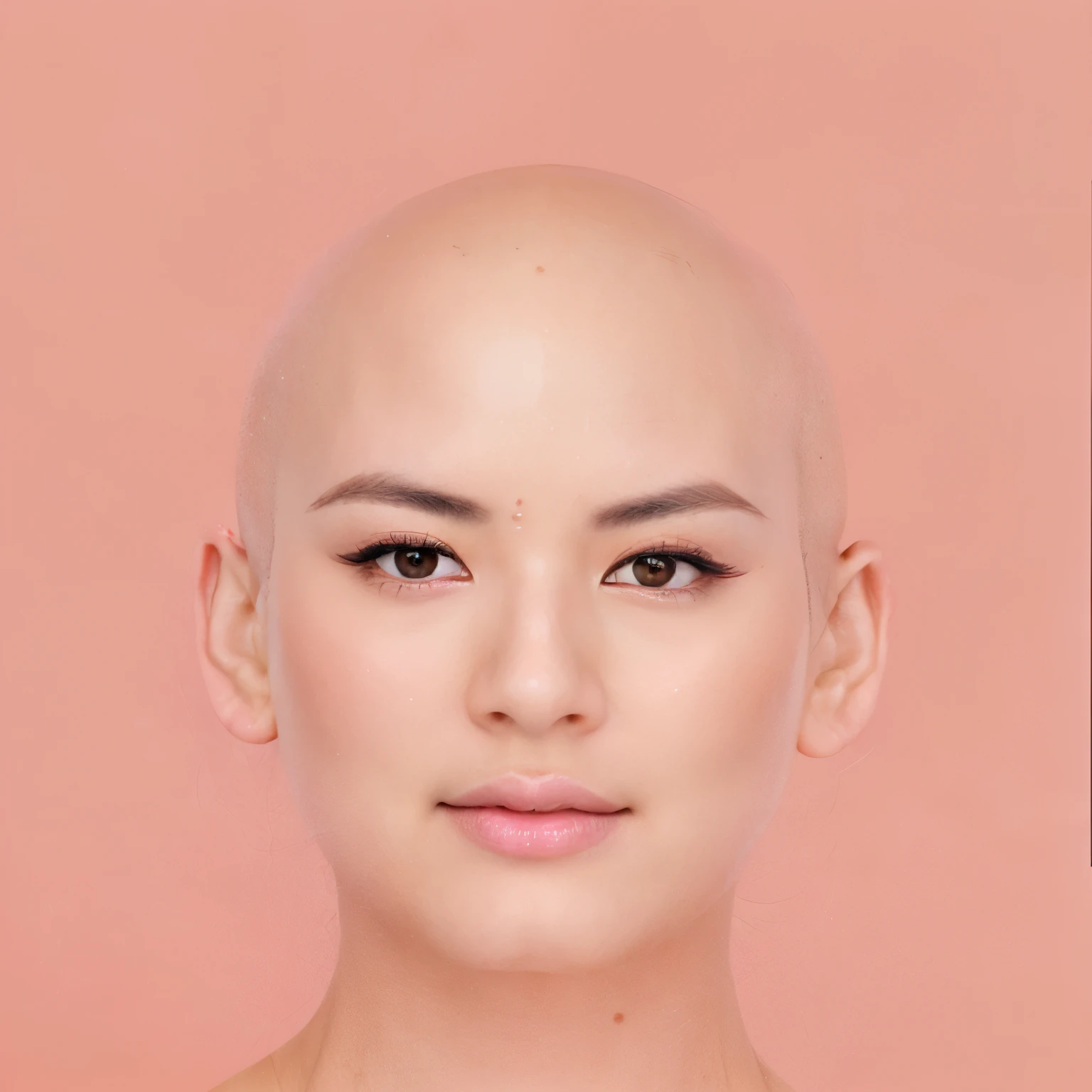 ultra realistic asian woman there is a woman with a bald head and a pink background, face symmetrical, symmetrical face, perfect symmetric face, beautiful highly symmetric face, face morph, symmetric face, very symmetrical face, symmetrical beautiful human face, perfectly symmetrical face, perfect face symmetry, beautiful highly symmetric faces, shaven face, symmetric portrait