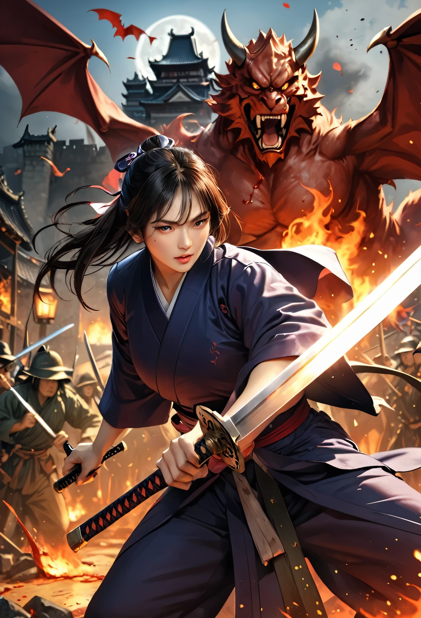 Demon Slayer-style artwork, Samurai brandishing a Japanese sword, Swordsmanship Master, Swordsman with magic sword, Martial Arts Master, Defeat the strange demon, Long sword slash, Light trails with a fiery effect, A strange horde of demons, Ruined old castles in Japan, (Midnight Combat), thin moon, A samurai with fighting spirit, Defeat the Swordsman, Close-combat swordsmanship, Splattering blood splashes, Large-scale battle scenes, (highest quality, 4K, 8k, High resolution, masterpiece:1.2), Very detailed, (Realistic, photoRealistic, photo-Realistic:1.37), High resolution, 超High resolution, Studio Lighting, Professional, Vibrant colors, Bokeh, Portraiture, Delicate brushwork, Warm color palette, Soft lighting