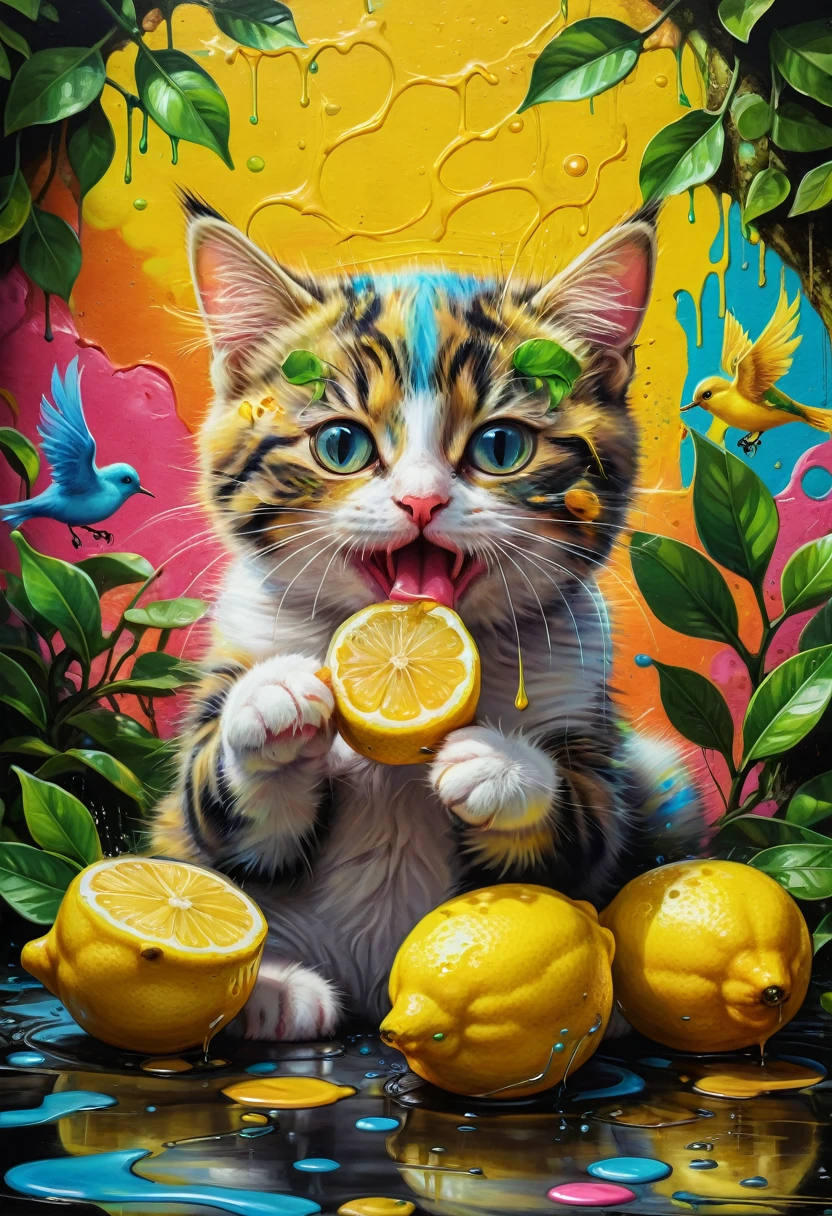 lemon eating challenge, Baby Cat eating a lemon with a kawaii face in a colorful jungle with tiny birds around him, graffiti art, splash art, street art, spray paint, oil gouache melting, acrylic, high contrast, colorful polychromatic, ultra detailed, ultra quality, CGSociety