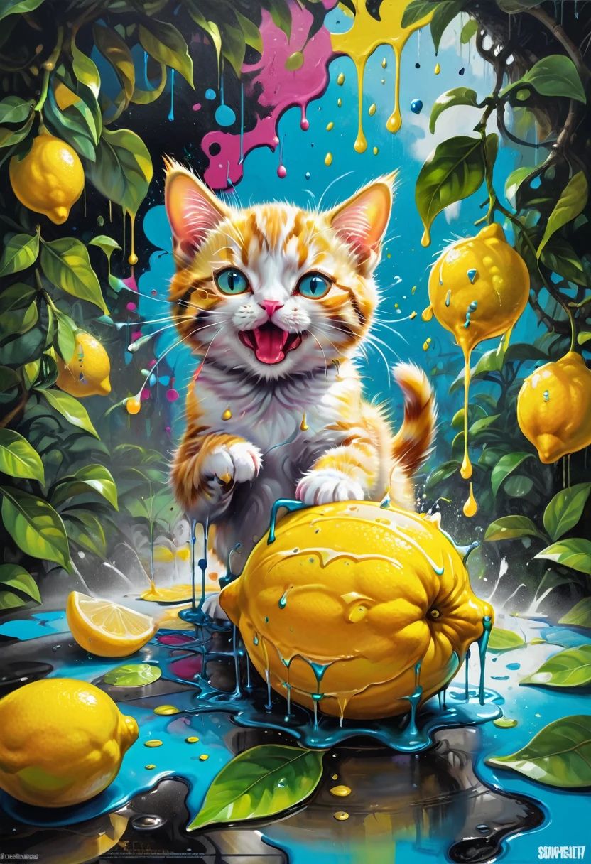 lemon eating challenge, Baby Cat eating a lemon with a kawaii face in a colorful jungle with tiny birds around him, graffiti art, splash art, street art, spray paint, oil gouache melting, acrylic, high contrast, colorful polychromatic, ultra detailed, ultra quality, CGSociety