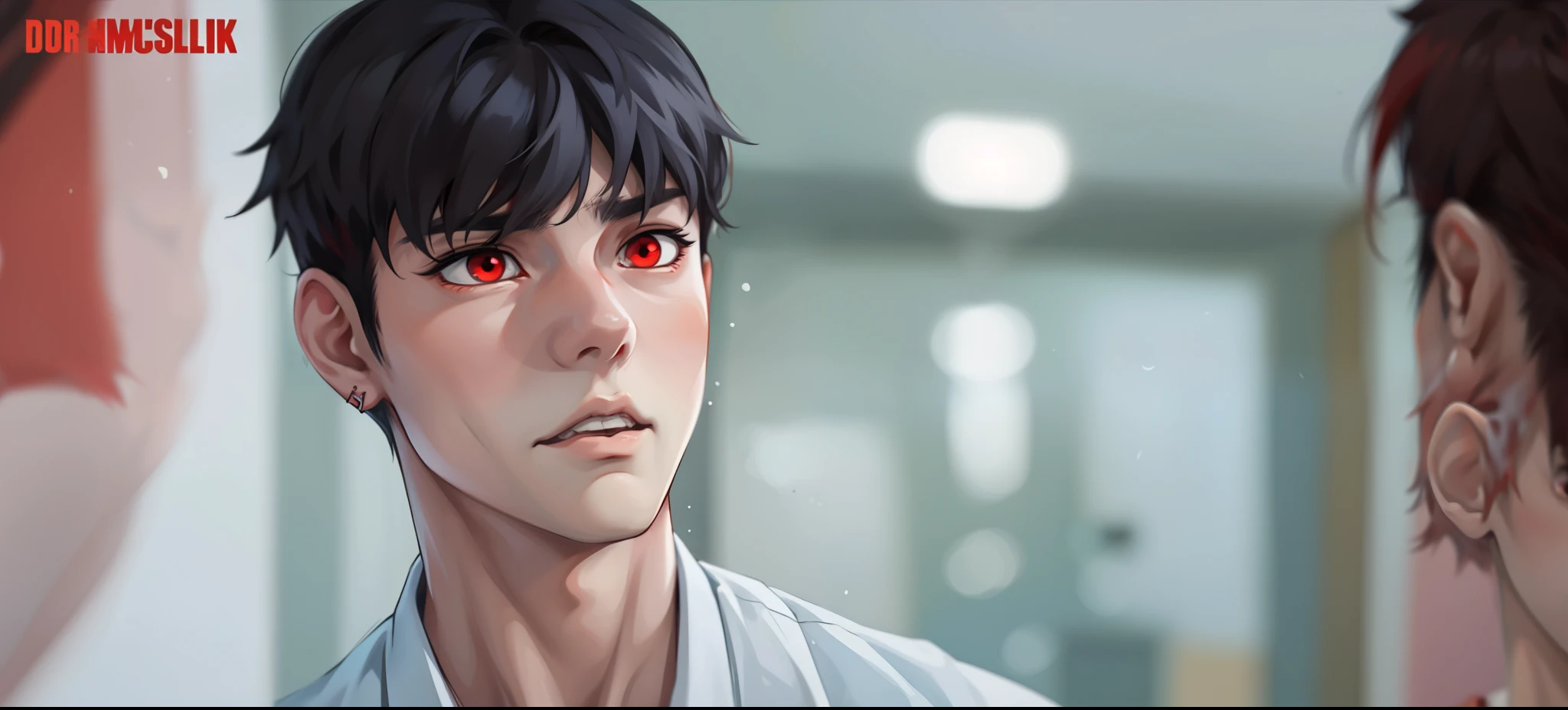 (estilo anime 2d plano) young 17 year old man is scared worried is scared has red hair red eyes