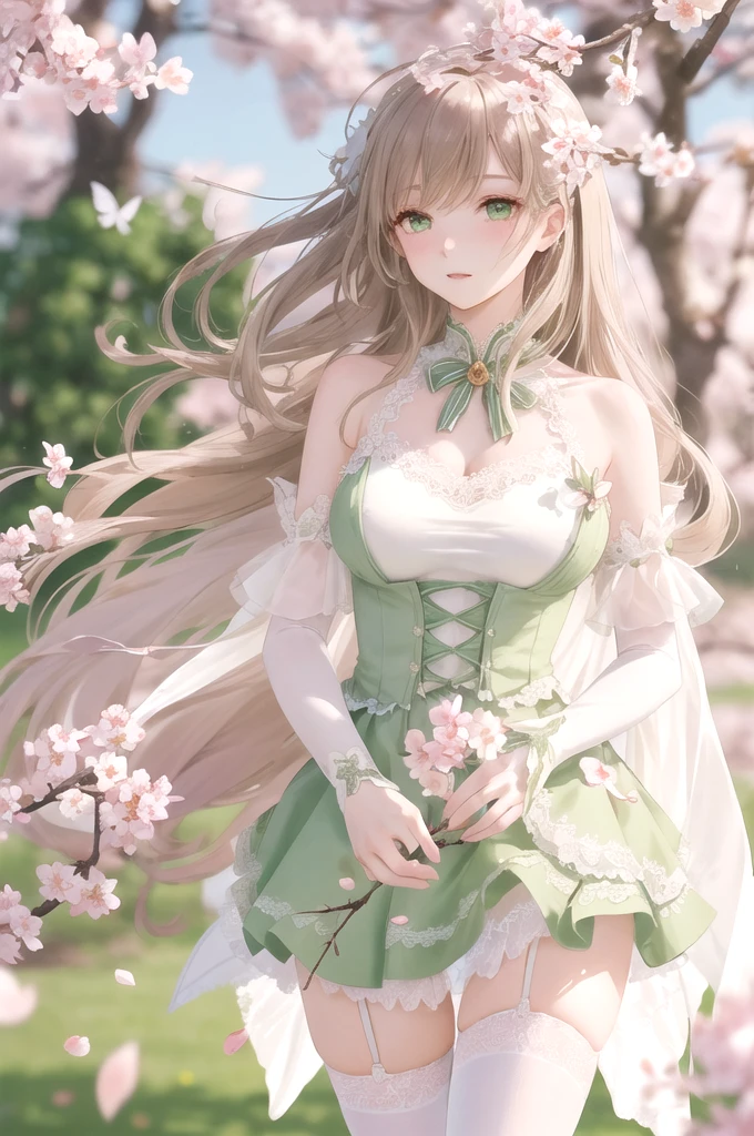 1girl, solo, long hair blown by wind, green eyes, white stocking, lace, look at viewer, luxurious, elegant, extremely detailed, majestic, blurry, blurry background, tree, branch, cherry blossoms, butterfly, flower petals blown by wind, depth of field,