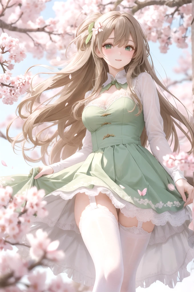 1girl, solo, long hair blown by wind, green eyes, white stocking, lace, look at viewer, luxurious, elegant, extremely detailed, majestic, blurry, blurry background, tree, branch, cherry blossoms, butterfly, flower petals blown by wind, depth of field,