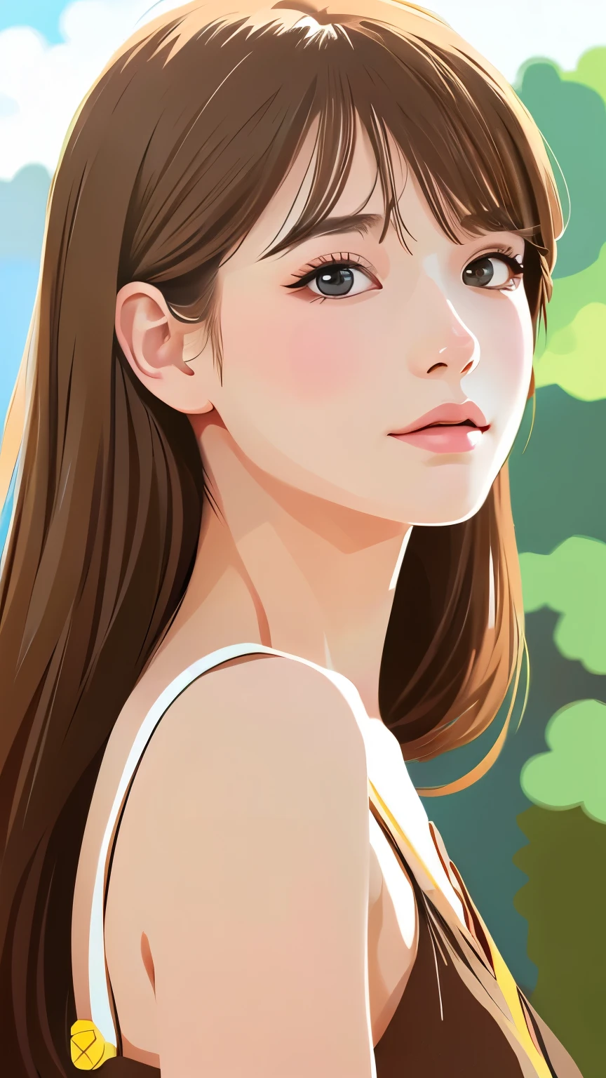 (Illustration style)、(Showa Anime)、Woman looking this way、(highest quality, Portraiture, Natural light)、Stylish、Brown Hair, noon, detailed background