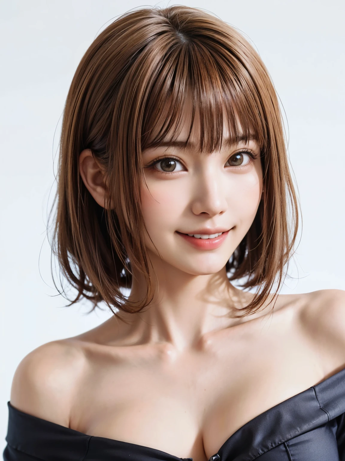 1 girl, alone, Beautiful Skin, very detaileded, ultra detaileded, Ultra-high resolution, (Photorealism:1.4), (highest quality), (Best Shadow), detailed, Perfect lighting, Black Hair:2, ((Showpiece, highest quality, High precision)), One Girl, (Realistic: 1.4), (look up at the camera even a little, カメラをlook up, look up, look up at the camera, Looking into the camera))), alone, White Background, snow-White Background, shut up., smile, pretty Black Hair:2, short hair:1.6, Big eyes, Beautiful double eyelids, eyelash, listen, Long neck, 美しいLong neck, Absolute area, ((Face close-up, short hair with bangs、Short Bob Hair:1.5、Off the shoulder)), 19 years old, Attractive proportions, Shiny skin, Beautiful clavicle, Golden ratio face, Perfect Face, Teardrop-shaped mole, Mole on chest, bangs, clean bangs, beautiful bangs, Lip gloss, Thin lips, White skin, I took off my clothes, Small face, Small face, 少し上を向いてLooking into the camera, ((smile a little for the camera, Beautiful backgrounds with vibrant paint, Listen carefully, big 胸、Dynamic Angle:1.5、Workplace Safety:2))