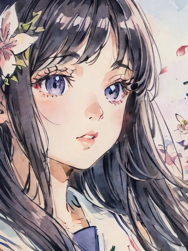 Sailor suit、Face close-up、Soft lighting、Colored pencil style、lips、Long Hair、Background Flowers