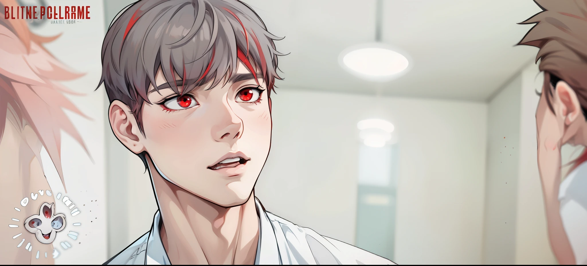 (estilo anime 2d plano) young 17 year old man is scared worried is scared has red hair red eyes