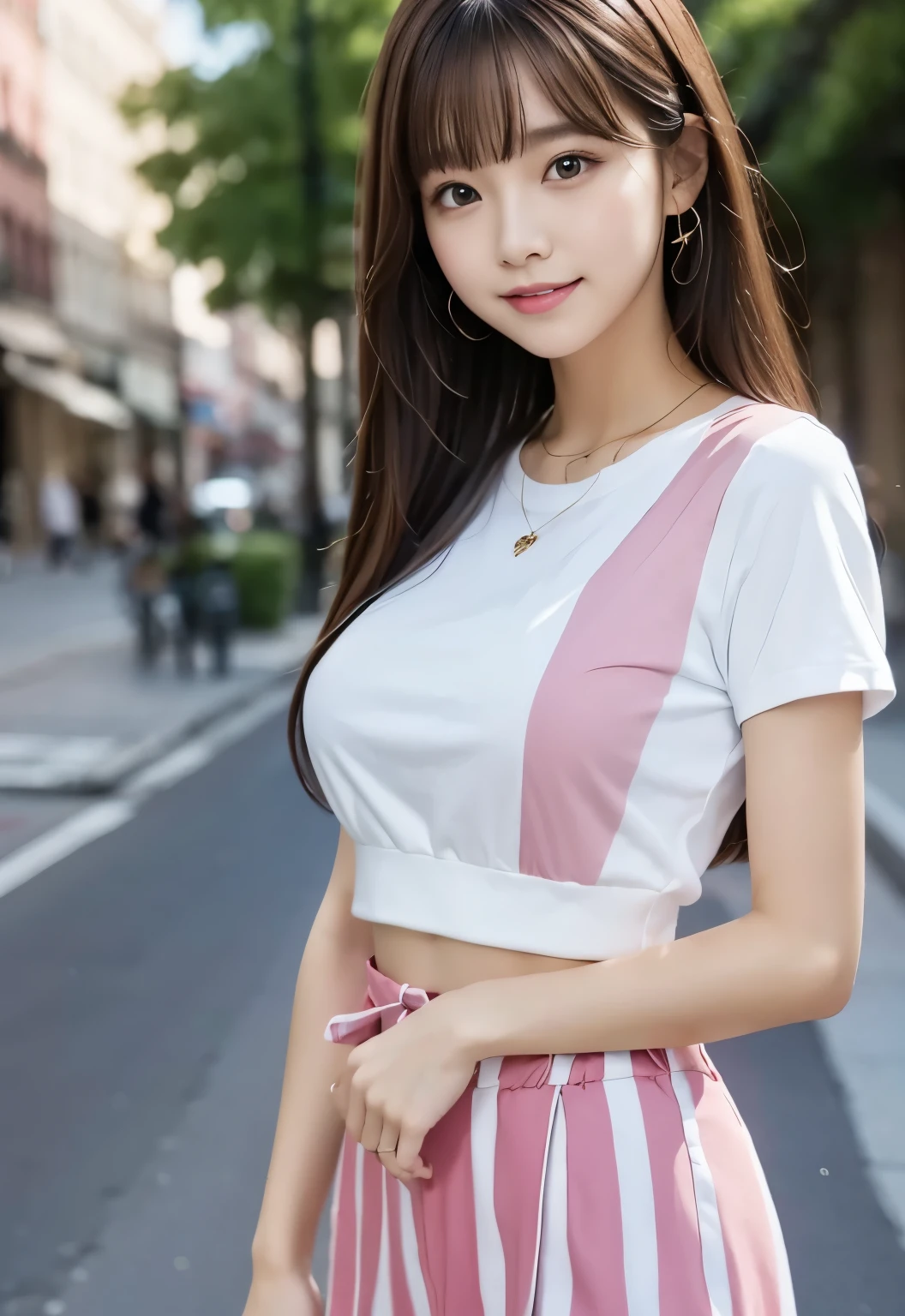 (masterpiece, best quality:1.1), (8k, raw photo, photo realistic:1.2, f22), (shiny skin), detailed skin,long hair,ribbon,detailed face, detailed eyes,smile,BREAK, real world, intricate details, smil, BREAK, 1girl, full body,(short sleeve,ribbon,pink,stripe),BREAK, (street:1.4)