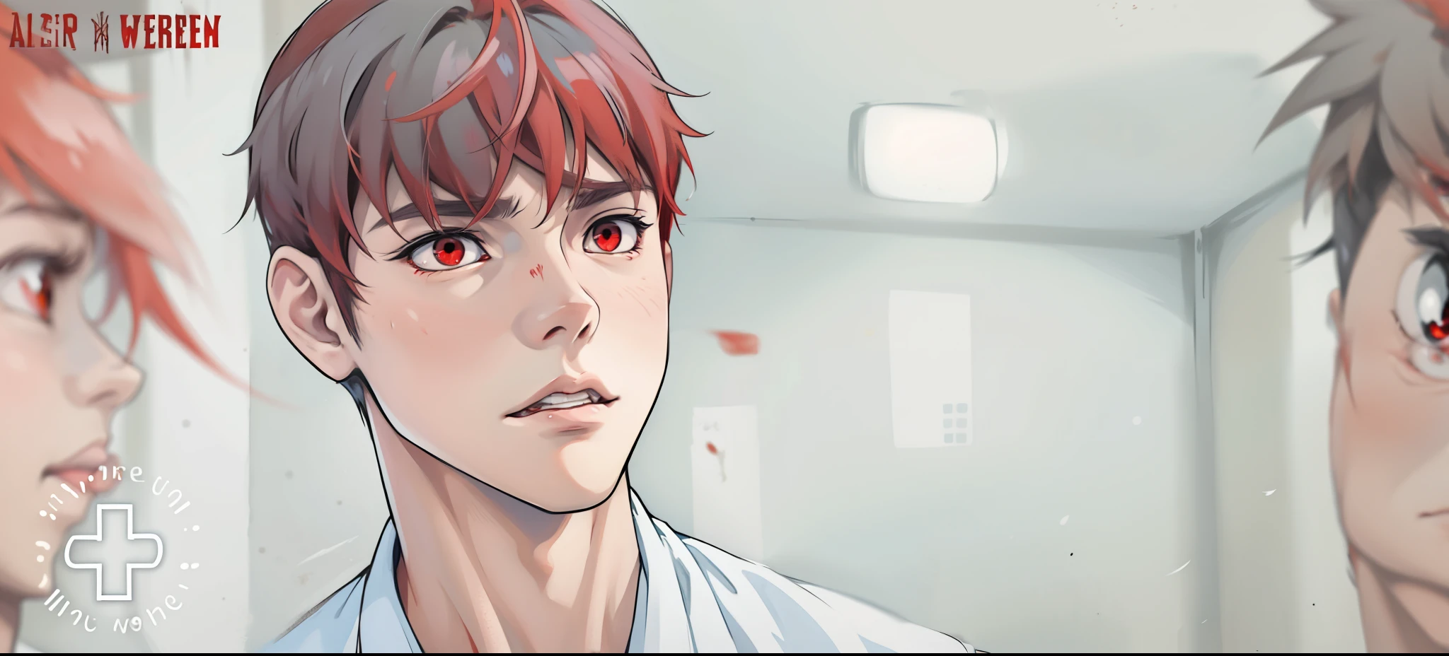 (estilo anime 2d plano) young 17 year old man is scared worried is scared has red hair red eyes