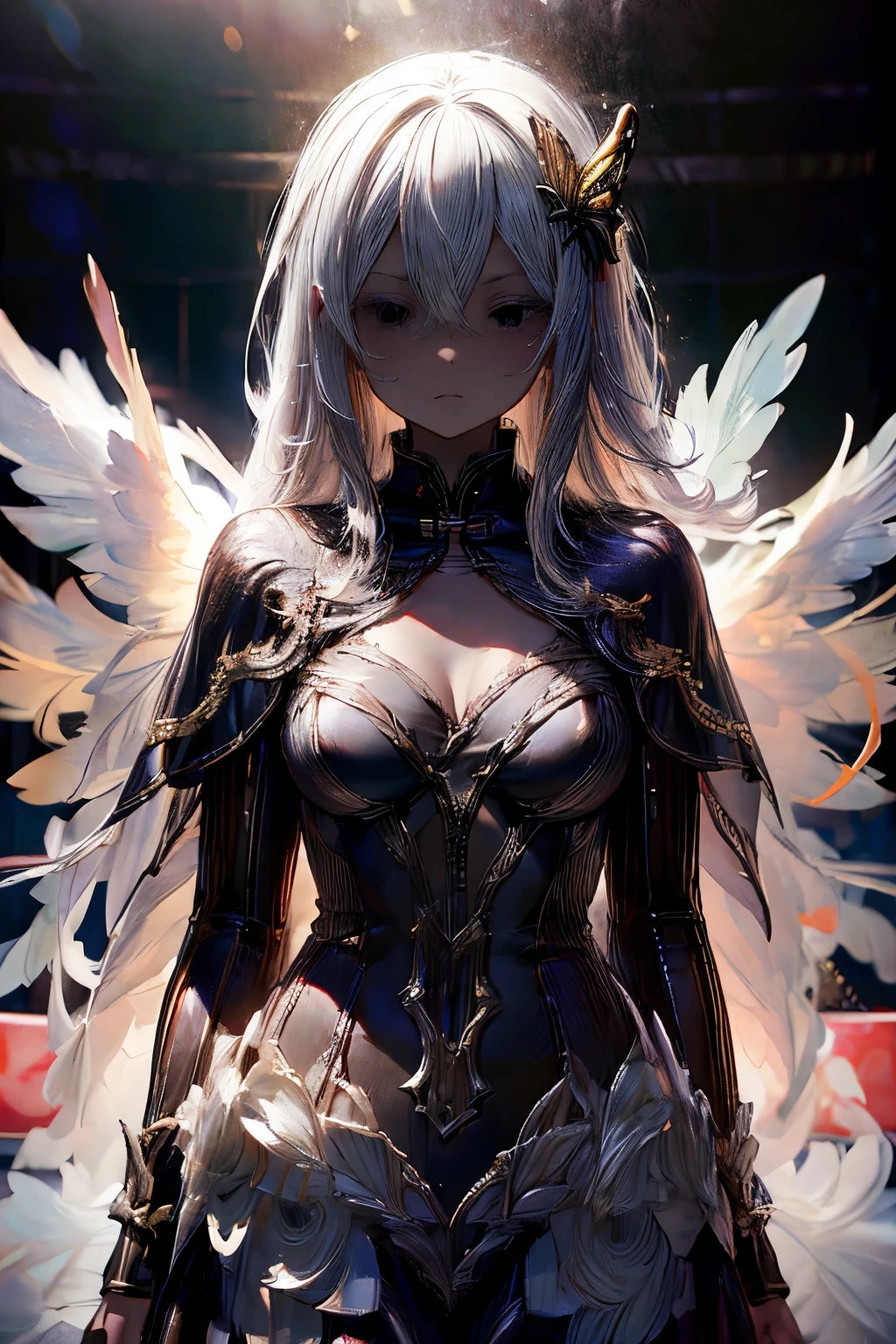 masterpiece, superfine illustration, best quality, 1girl, echidna, colored eyelashes, white hair, hair between eyes, long hair, straight hair, (black eyes:1.5), black capelet, black dress, butterfly hair ornament, capelet, dress, hair ornament, (solo), (hair over eyes:1.3), (wings), (angelic halo), (good at tickling), claw pose, cruel, serious, expressionless, emotionless, (very tired), (wrestling ring:1.3), dynamic style