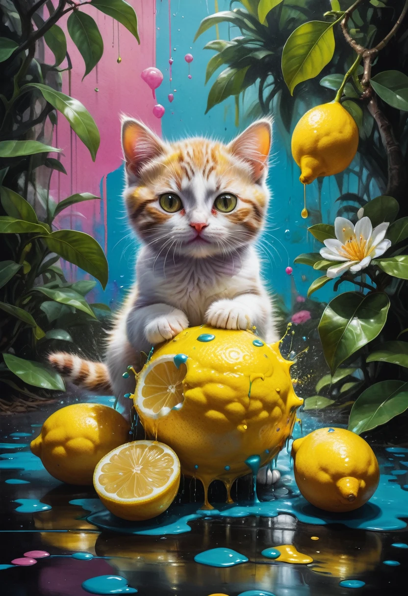 lemon eating challenge,  Cat eating a lemon with a kawaii face in a colorful jungle with tiny birds around him, graffiti art, splash art, street art, spray paint, oil gouache melting, acrylic, high contrast, colorful polychromatic, ultra detailed, ultra quality, CGSociety