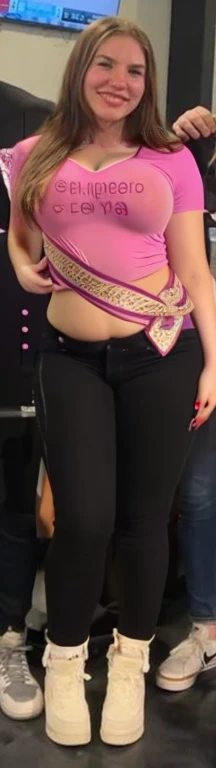 Arafed girl naked with a sash posing for a picture, large thighs, widest hips, skinny waist and thick hips, wide hips, 2 4 year old female model, smallest waistline ever, large hips, her hand is on her waist, insanely inflated hips, her belly is fat and round, she has a jiggly fat round belly, Big , huge , no clothes, sexy, cute, wide hips, thick thighs, pear-shaped body, minimal clothes, thick, bbw, chubby stomach, thick nipples, nipple piercings, large areola, hard nipples, piercing through shirt, nipples hard through shirt, muscular, strong, thick hips, minimal clothes, work out girl, low cut v neck shirt with cleavage, fat chubby stomach, bikini, fat round stomach