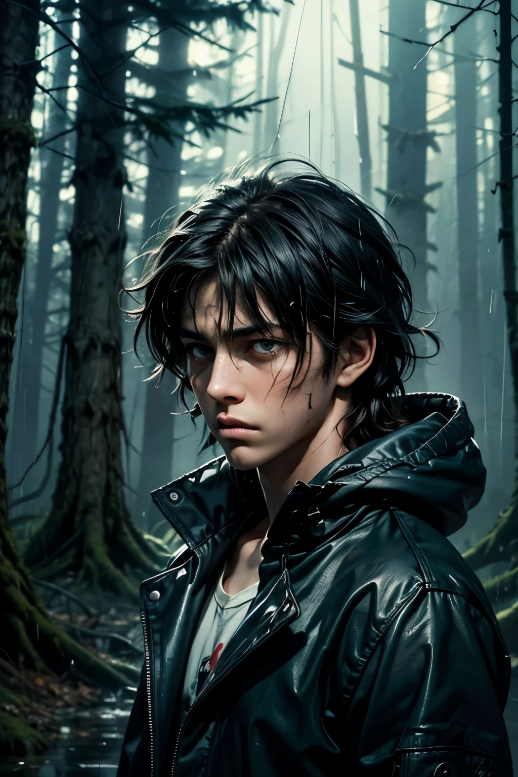 masterpiece, superfine illustration, best quality, 1boy, , (8 years old), solo, cute, semi long black hair, (messy hair:1.3), rain coat, serious, emotionless, expressionless, mysterious, heavy rain, rainy forest, midnight, dark