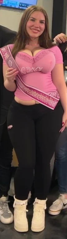 Arafed girl naked with a sash posing for a picture, large thighs, widest hips, skinny waist and thick hips, wide hips, 2 4 year old female model, smallest waistline ever, large hips, her hand is on her waist, insanely inflated hips, her belly is fat and round, she has a jiggly fat round belly, Big , huge , no clothes, sexy, cute, wide hips, thick thighs, pear-shaped body, minimal clothes, thick, bbw, chubby stomach, thick nipples, nipple piercings, large areola, hard nipples, piercing through shirt, nipples hard through shirt, muscular, strong, thick hips, minimal clothes, work out girl, low cut v neck shirt with cleavage, fat chubby stomach, bikini, fat round stomach, FAT