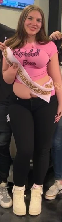 Arafed girl naked with a sash posing for a picture, large thighs, widest hips, skinny waist and thick hips, wide hips, 2 4 year old female model, smallest waistline ever, large hips, her hand is on her waist, insanely inflated hips, her belly is fat and round, she has a jiggly fat round belly, Big , huge , no clothes, sexy, cute, wide hips, thick thighs, pear-shaped body, minimal clothes, thick, bbw, chubby stomach, thick nipples, nipple piercings, large areola, hard nipples, piercing through shirt, nipples hard through shirt, muscular, strong, thick hips, minimal clothes, work out girl, low cut v neck shirt with cleavage, fat chubby stomach, bikini, fat round stomach, FAT