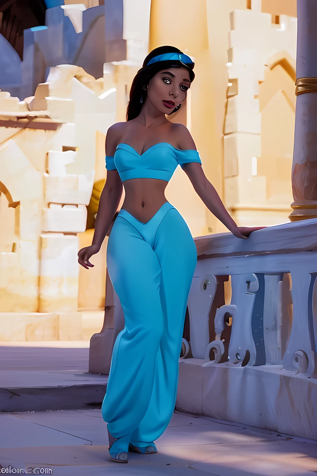 Cartoon princess jasmine from movie Aladdin She wears a turquoise bedlah top that reveals her midriff and navel with sewn-in off-the-shoulder straps, matching salwar pants with a light-blue V-shaped waistline