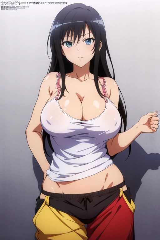 (masutepiece, Best Quality, High resolution, anime colours, megami magazine:1.2, anime poster style, anime keyvisual, sharp, 8k, photorealistic), (beautiful eyes:1.5, beautiful face), Kotegawa Yui, 1girl, solo, Cute, (Long Black Hair), (sagging large breasts:1.8), (tight camisole, no bra), (cleavage:1.5), (cowboy shot), (Perfect detailed Anatomy, beautiful detailed hair, perfect detailed body:1.2, shiny skin), (thick outline, Beautiful outlines, black outlines), simple background,