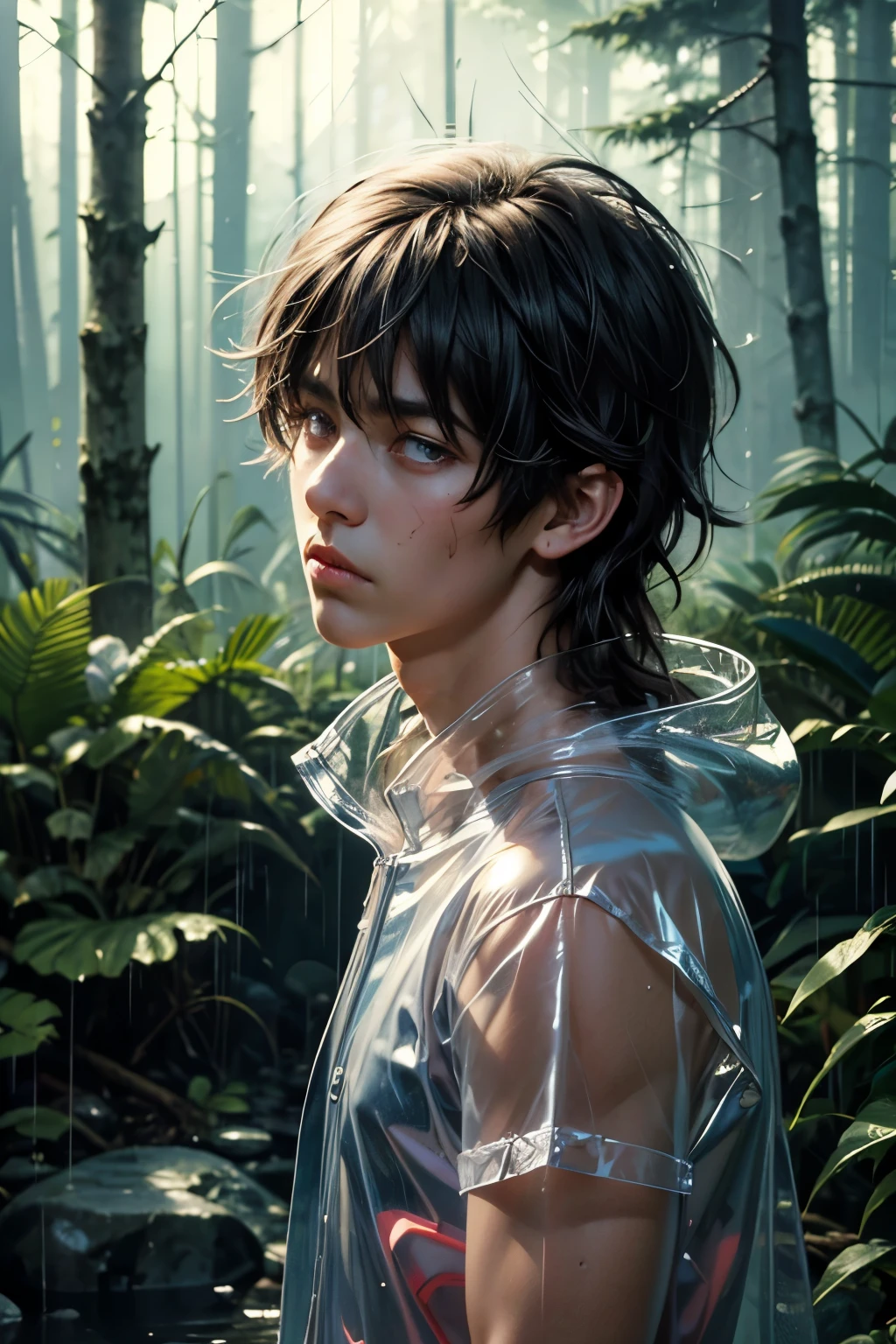 masterpiece, superfine illustration, best quality, 1boy, ((8 years old)), solo, cute, semi long black hair, (messy hair:1.3), transparent raincoat, serious, emotionless, expressionless, mysterious, rainy forest