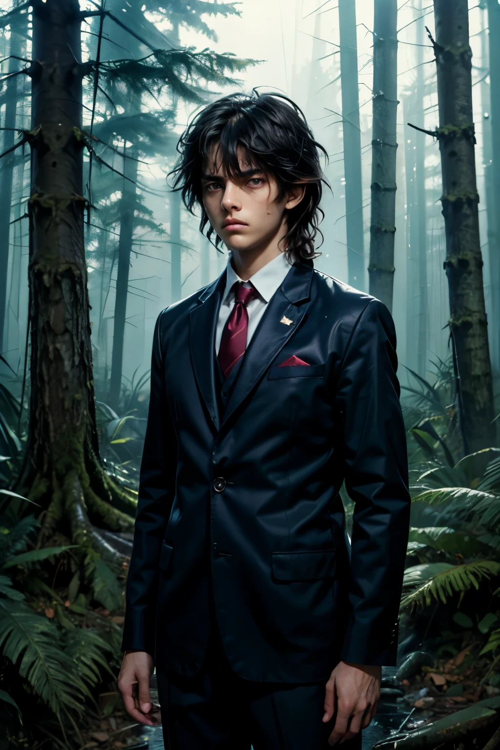 masterpiece, superfine illustration, best quality, 1boy, ((8 years old)), solo, cute, semi long black hair, (messy hair:1.3), navy blue blazer, red tie, slacks, transparent raincoat, serious, emotionless, expressionless, mysterious, rainy forest