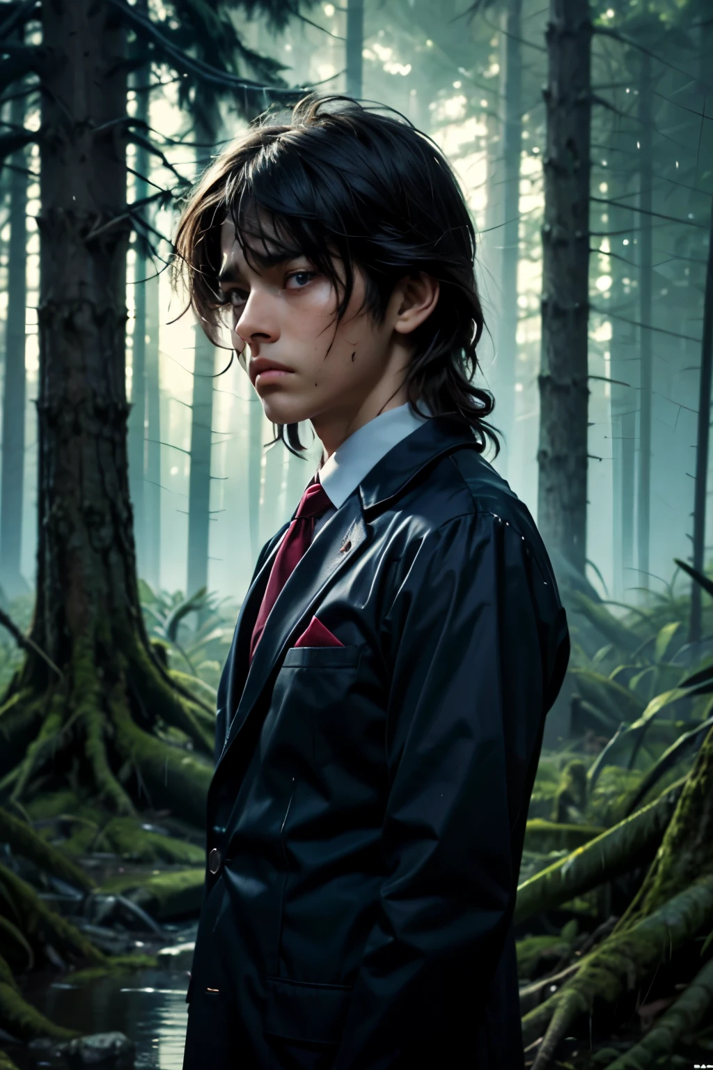 masterpiece, superfine illustration, best quality, 1boy, ((8 years old)), solo, cute, semi long black hair, (messy hair:1.3), navy blue blazer, red tie, slacks, transparent raincoat, serious, emotionless, expressionless, mysterious, rainy forest