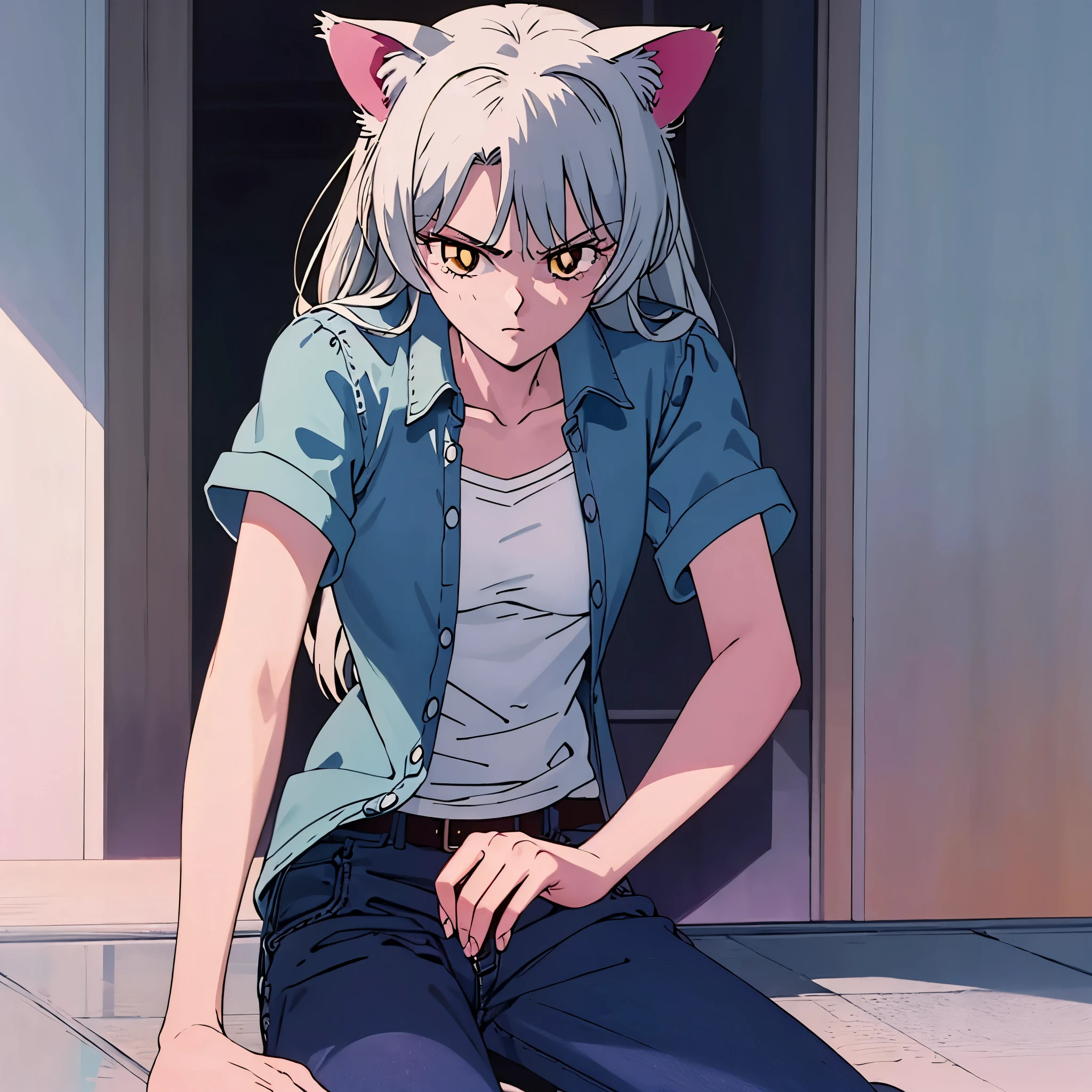 Masterpiece, solo, 1girl, upper body, blkhanekawa, cat ears, slit pupils, short hair, blue jacket, white shirt, jeans