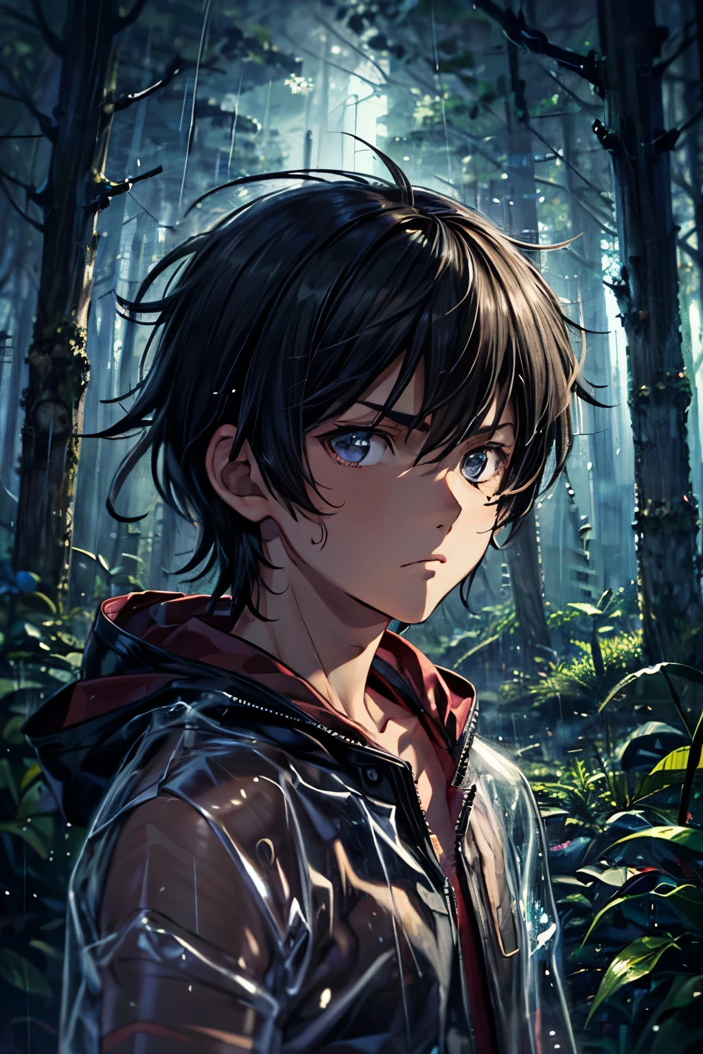 masterpiece, superfine illustration, best quality, 1boy, ((8 years old)), solo, cute, semi long black hair, (messy hair:1.3), transparent raincoat, serious, emotionless, expressionless, mysterious, rainy forest