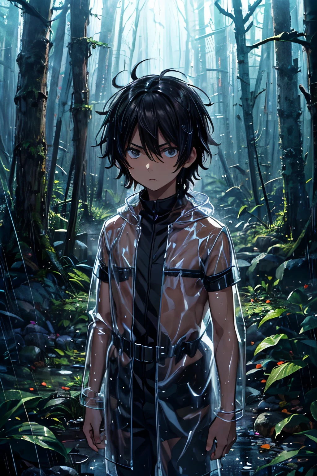 masterpiece, superfine illustration, best quality, 1boy, ((8 years old)), solo, cute, semi long black hair, (messy hair:1.3), transparent raincoat, serious, emotionless, expressionless, mysterious, rainy forest