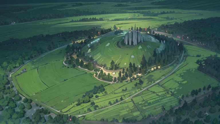 (top down) aerial view of a hill covered with tall grass and trees at midnight, remote, uninhabited, lush vegetation, (midnight), (night-time)