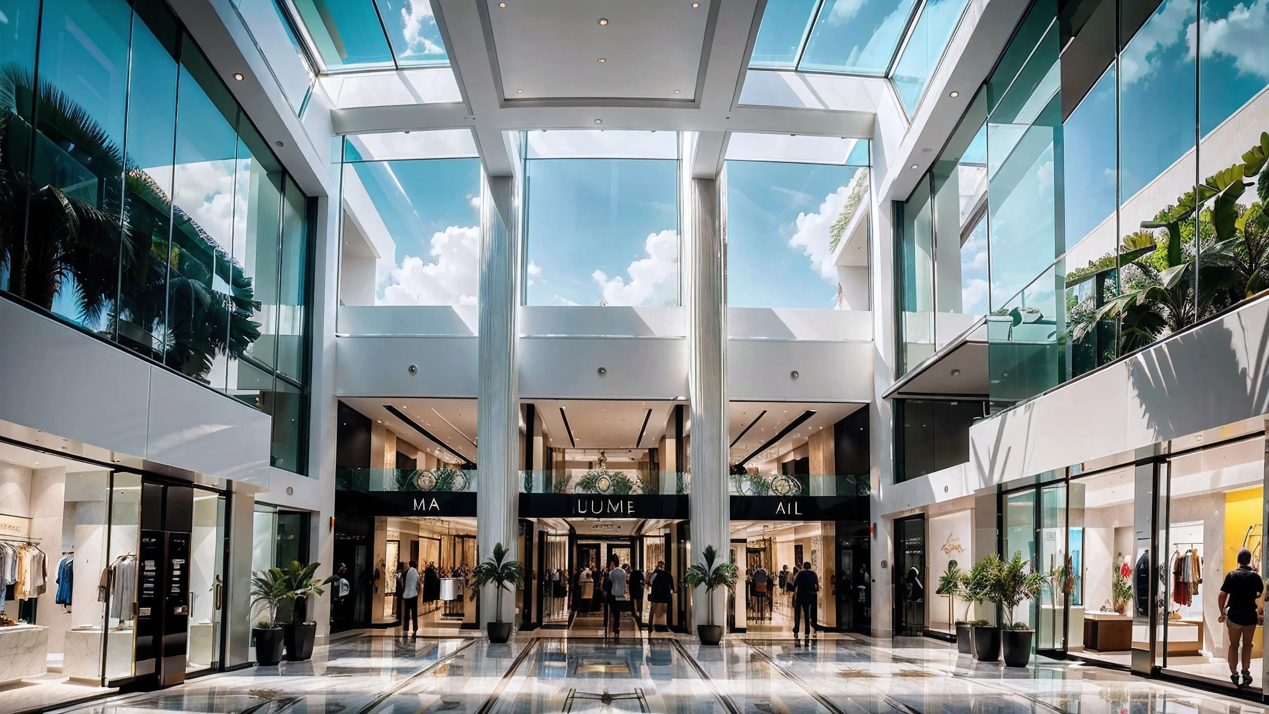 a detailed modern and luxurious miami shopping mall, highly detailed architecture, sleek glass facade, numerous high-end retail stores, bustling human traffic, natural sunlight streaming through skylights, lush indoor landscaping, polished marble floors, intricate decorative elements, dynamic camera angle, cinematic lighting, vivid colors, photorealistic, 8k, masterpiece