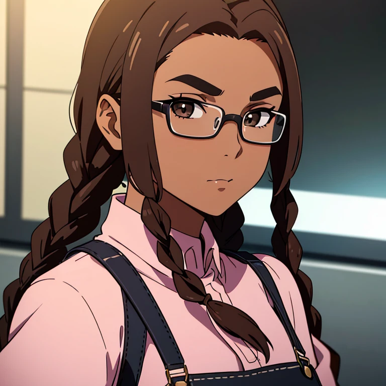 photorealistic, (4k), depth of field, (Masterpiece), (realistic skin texture), extremely detailed, intricate, (tokyo_revengers_anime_style:0.8), hyper detailed, high resolution, professional photography, thick circular eyebrows, brown eyebrows, exciting expression, depth of field, sharp detail, best quality, looking at viewer, 1girl, solo, (long sleeve pink shirt), (black overalls), (dark tanned skin), (dark skin), female focus, Winsdor glassess with clear lens, twin colored hair, (byzanrine hair streaks), (brown hair), black eyes, (dread braids)