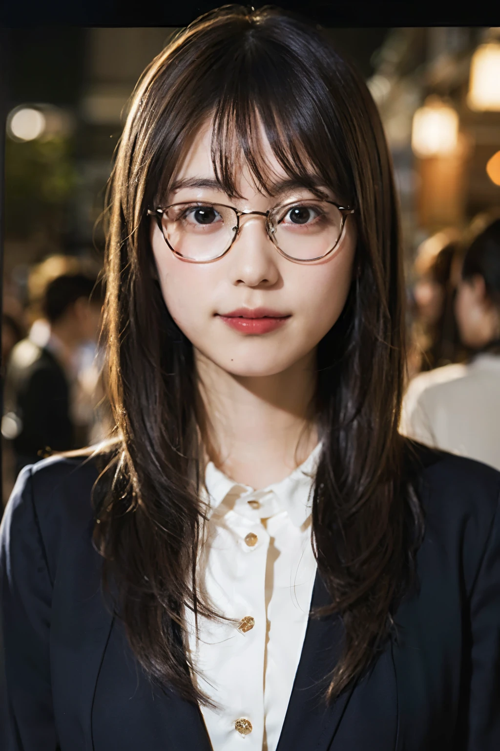 (8k、Raw photo、highest quality、masterpiece:1.2)、(Realistic、Photorealistic:1.37)、Ultra-detailed、超A high resolution、1 girl、29-year-old、Seeing the viewer、Beautifully detailed face、smile、narrow、(Slim waist) :1.3)、blazer、Beautifully detailed skin、Skin Texture、Floating Hair、Tie your hair together、Shapely large breasts、Professional Lighting、Summer evening、library、(((Black square glasses )))、Human whole body、Black Hair、((Embarrassing appearance))、Accept the book、