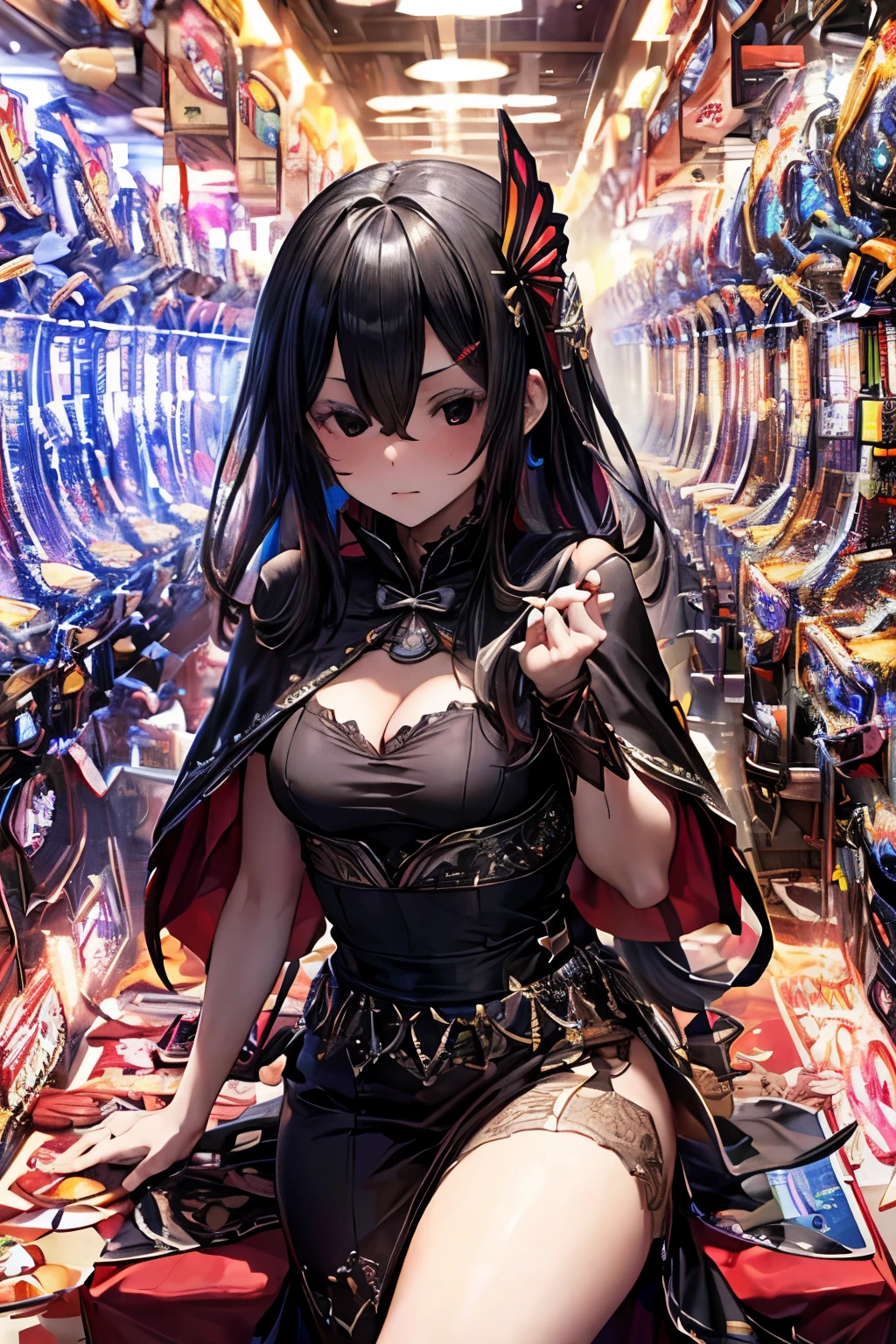 masterpiece, superfine illustration, best quality, 1girl, (1 naked boy:1.3), (pov), echidna, colored eyelashes, white hair, hair between eyes, long hair, straight hair, (black eyes:1.5), black capelet, black dress, butterfly hair ornament, capelet, dress, hair ornament, (good at tickling), claw pose, (hair over eyes:1.3), (wings), (angelic halo), cruel, serious, expressionless, emotionless, (very tired), dynamic style, (inside of a Japanese pachinko palace:1.3)